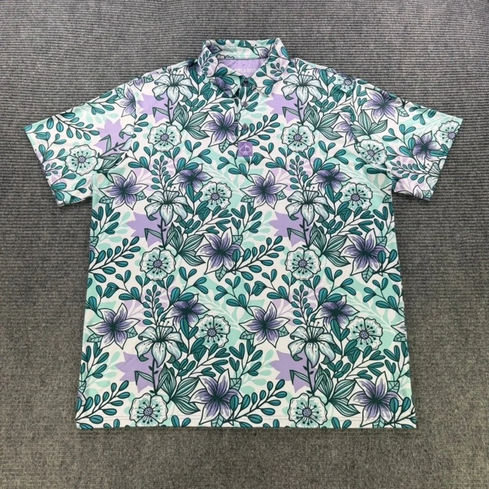 Pins & Aces Golf Polo Shirt Mens XXL Floral Purple Teal Performance Short Sleeve